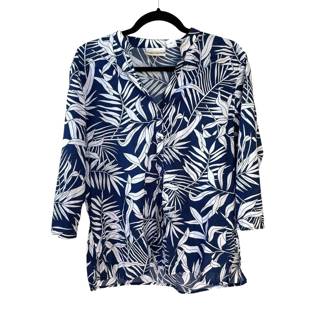 SUNBAY COTTONS Cotton Palm Tropical Print Button Front Blouse Navy Blue M